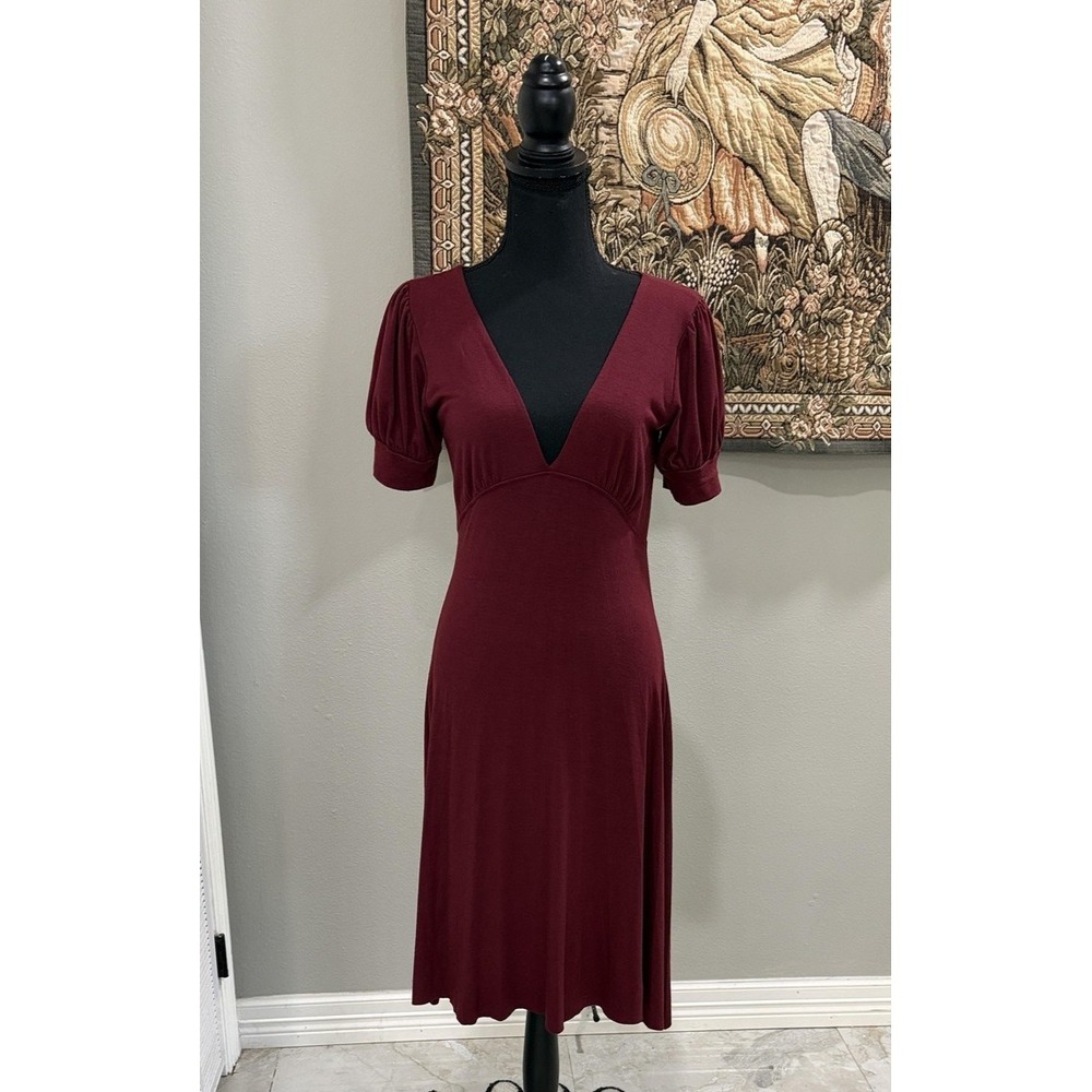 Necessary Objects Dress Womens Small Red V Neck‎ Puff Sleeve Midi Fit Flare Knit